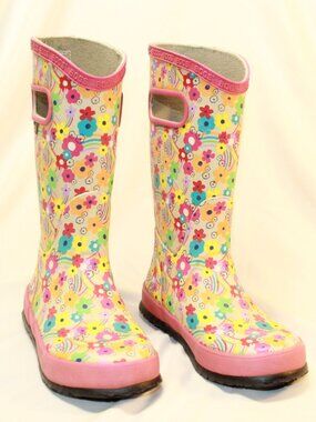 BOGS Size 2 Little Kid Rain Boots Rainbow Flower Waterproof Multicolor Pink Boot